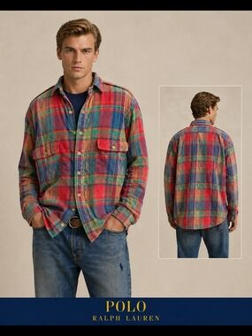 Ralph Lauren Purple Label Mens Large Multicolor Plaid Cotton Shirt Casual